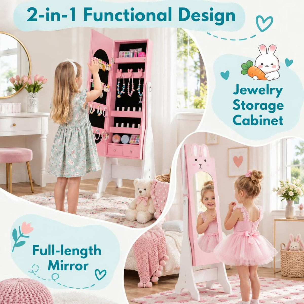 Airfind Youth Jewelry Armoire Cabinet with 2 Tilt Angles and Large Capacity, Mdf, 13.5 Inch X 12 Inch X 45 Inch with MDF and Glass Construction, Pink