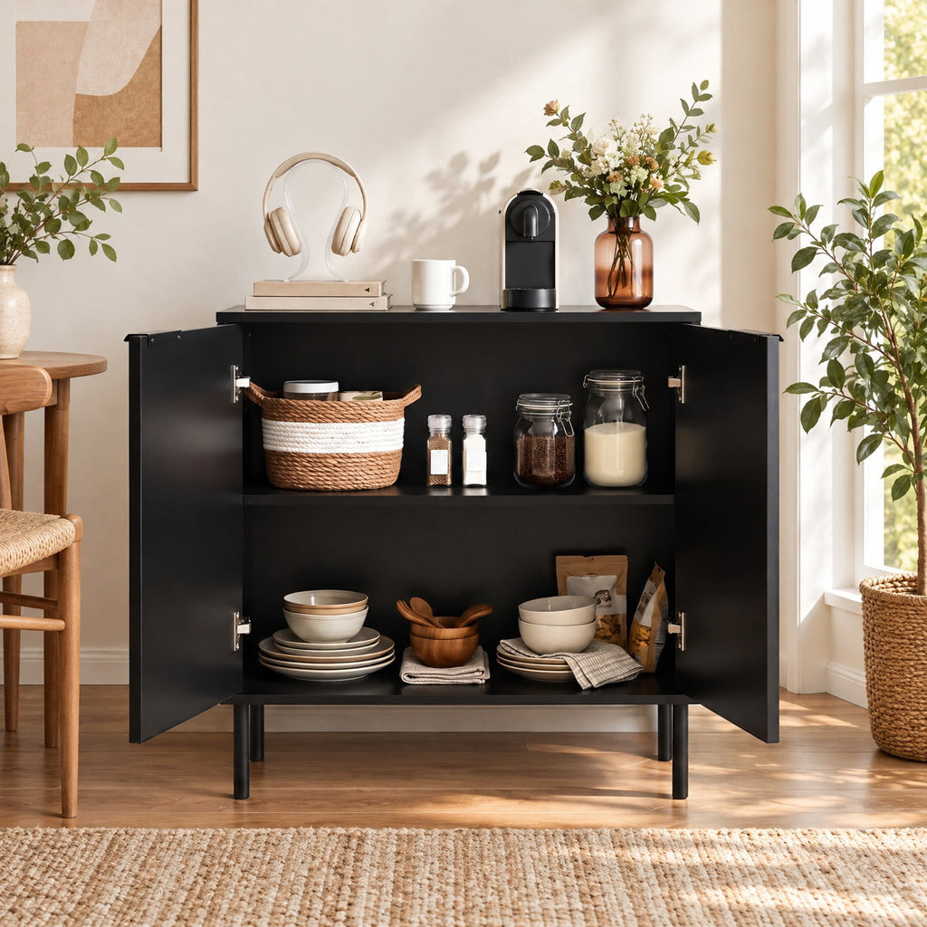 Airfind Fluted Buffet Cabinet with 2-Door Sideboard for Kitchen and Dining Room, Black, Metal legs provide strong and reliable support