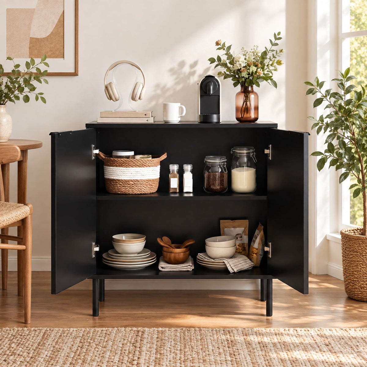 Airfind Fluted Buffet Cabinet with 2-Door Sideboard for Kitchen and Dining Room, Black, Metal legs provide strong and reliable support