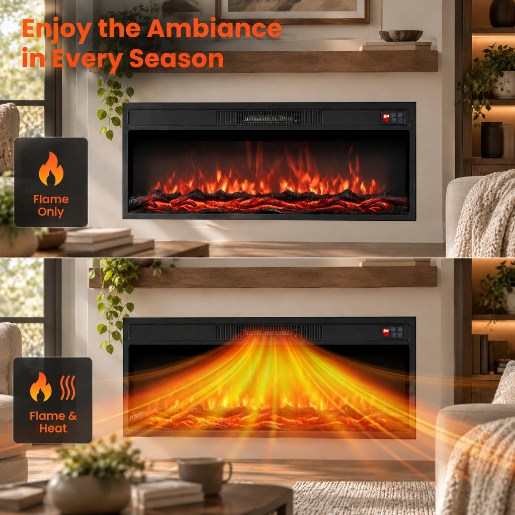 Airfind 36 Inch Recessed Electric Fireplace Heater with Adjustable Flame Colors and Brightness, Metal Tempered Glass 36 inch Frame, Black