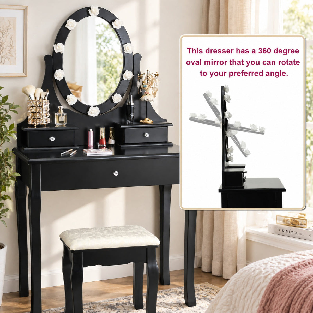 Airfind 3 Drawers Lighted Mirror Vanity Dressing Table Stool Set, Pine PE plastic MDF Frame, 30 Inch x 16 Inch x 55 Inch (L x W x H) The Footprint, Black