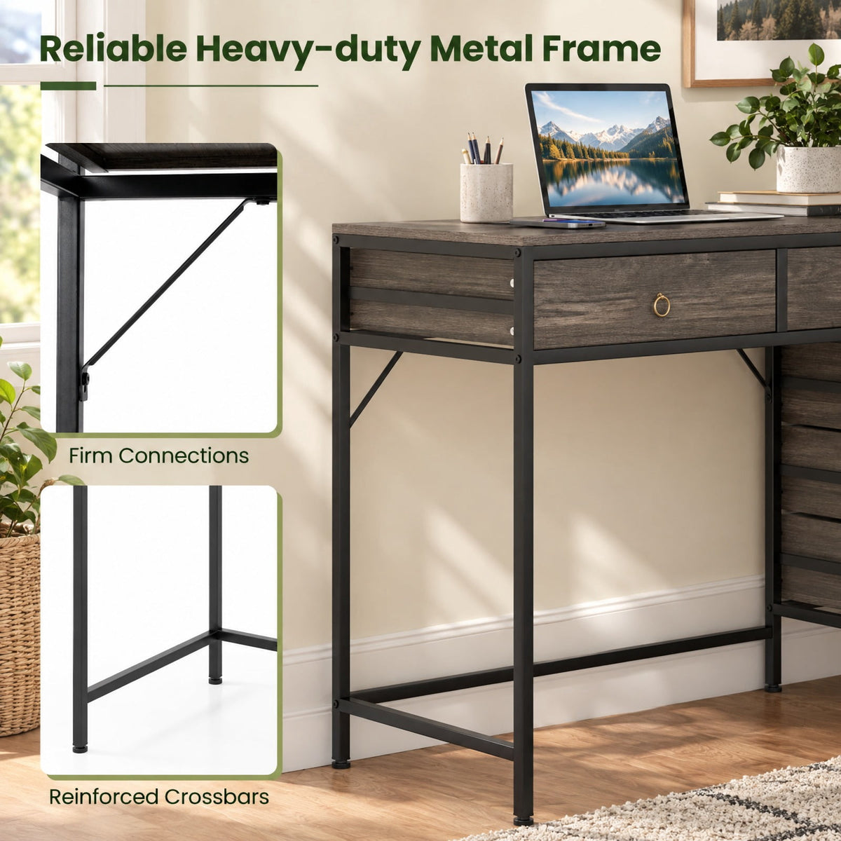 Airfind Computer Desk with 5 Drawers Home Office Desk with Side File Cabinet, 380 lbs Capacity, Engineered Wood Metal MDF Frame, Grey