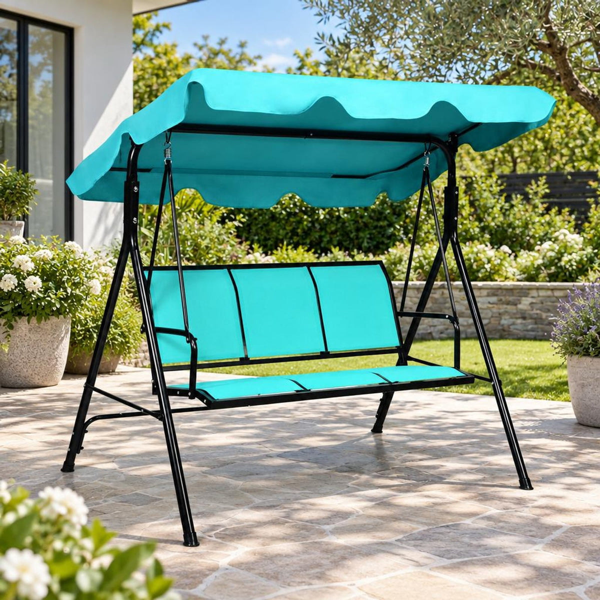 Airfind Outdoor Patio 3 Person Porch Swing Bench Chair with Canopy, 550 lbs Capacity, Steel textile fiber polyester Frame, Blue
