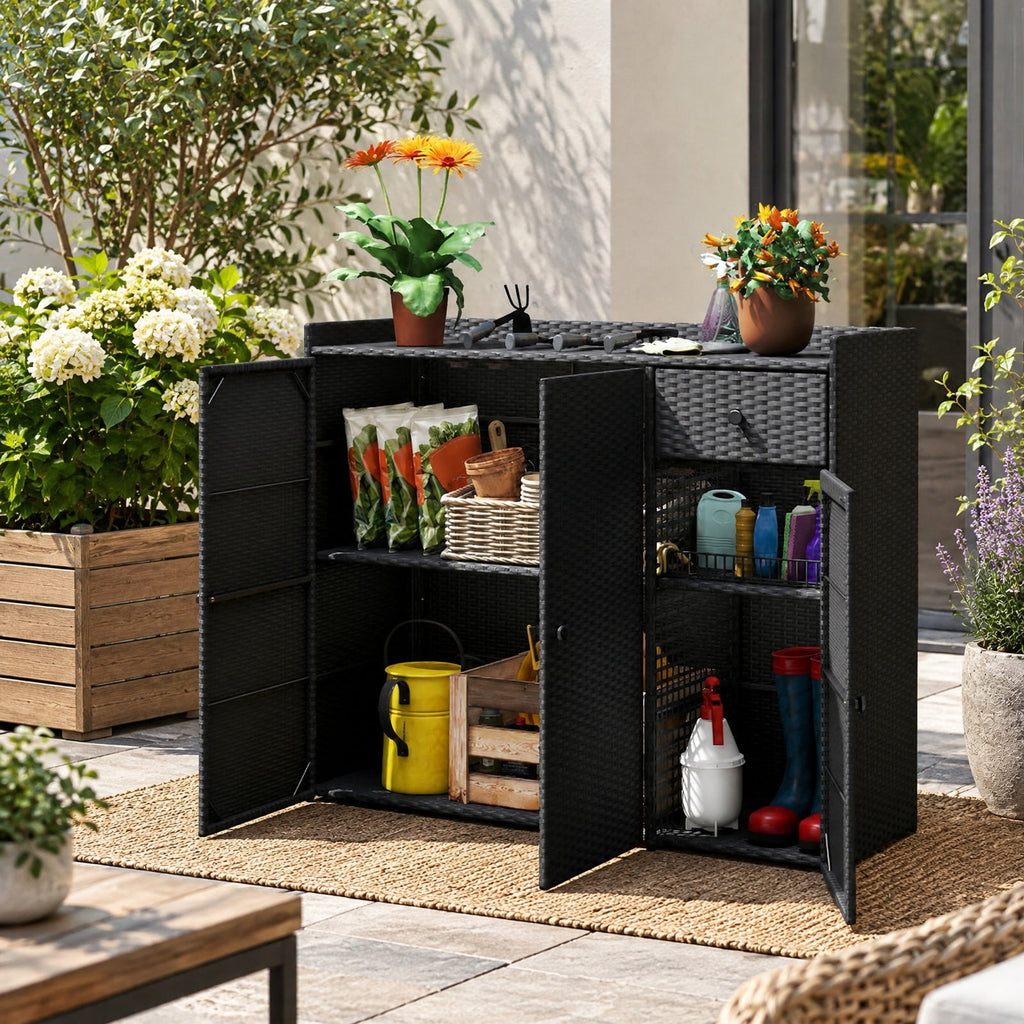 Airfind 3 Doors Outdoor PE Wicker Storage Cabinet for Deck, 110 lbs Capacity, PE Rattan Metal Frame, 48 x 17 x 40 Footprint, Black