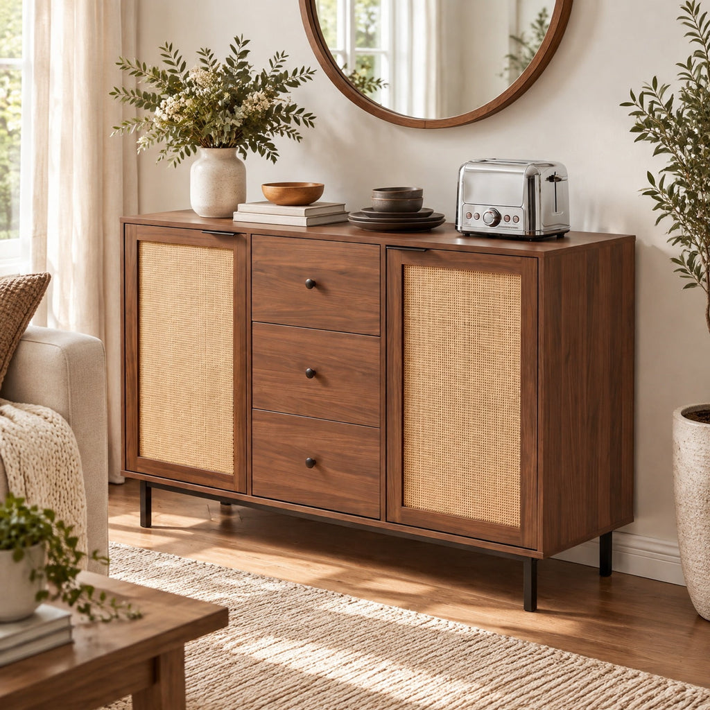 Airfind Sideboard Buffet Cabinet Rustic Farmhouse Coffee Bar Table with 2 Rattan Doors and 3 Drawers, 110 lbs Capacity, Engineered Wood Frame, Brown