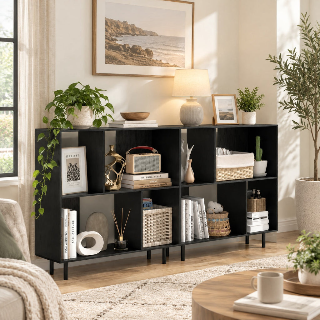 Airfind Open Shelf Bookcase with 4 Compartments, Black, 4-cube bookcase provides ample storage space, Assembly is required before use