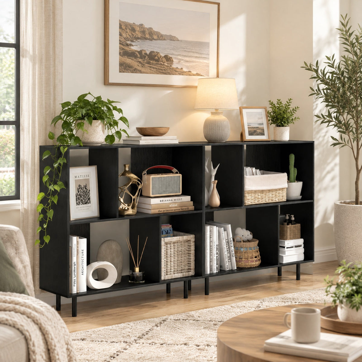 Airfind Open Shelf Bookcase with 4 Compartments, Black, 4-cube bookcase provides ample storage space, Assembly is required before use