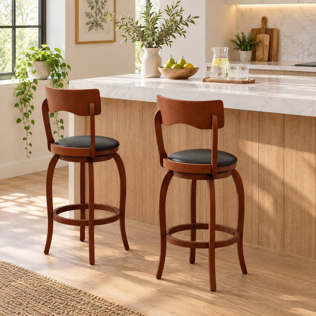 Airfind Swivel Bar Stools Set of 2 with Rubber Wood Frame and Upholstered Seat-29 Inch, 286 lbs Capacity, Rubber Wood Sponge PVC Frame, Wood