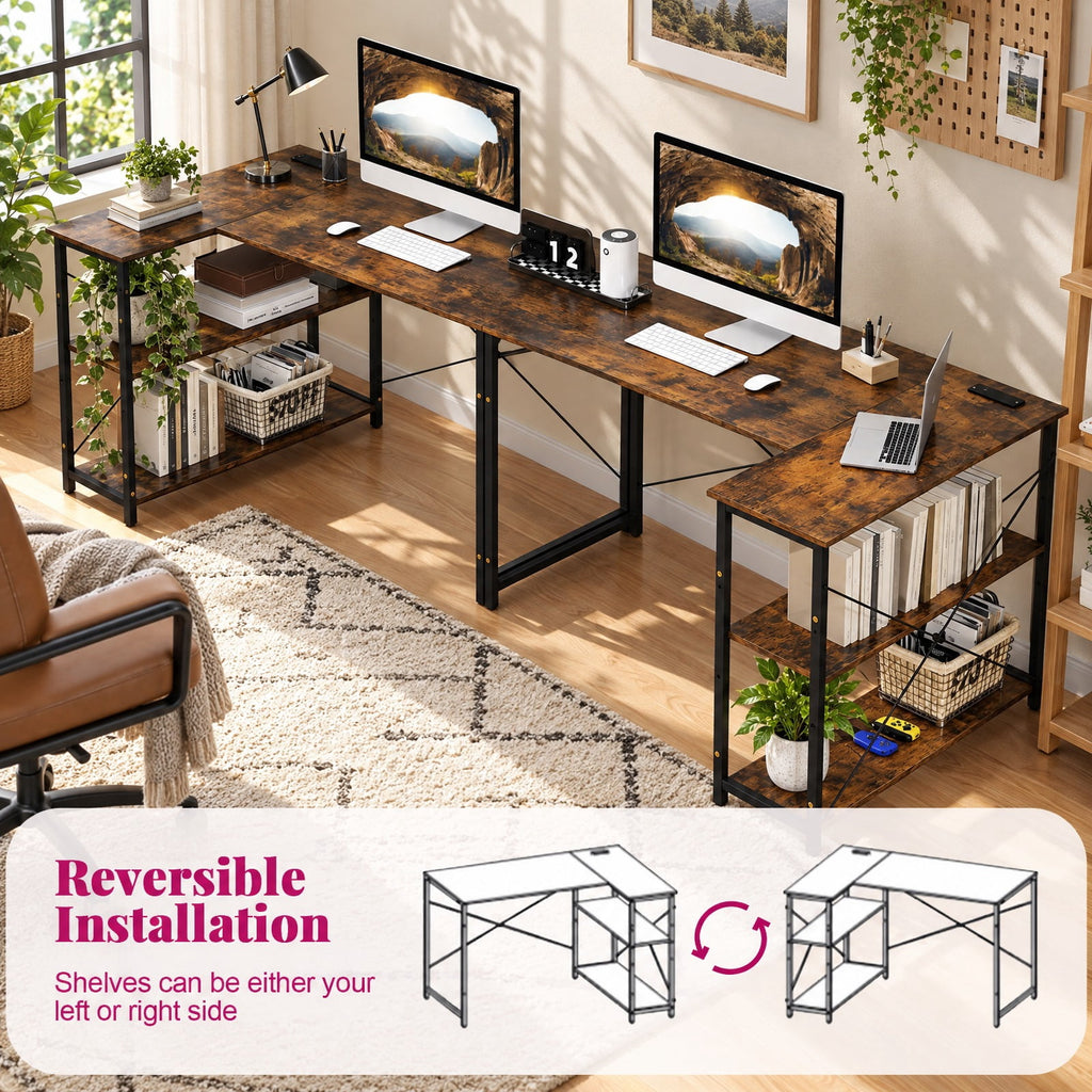 Airfind L-shaped 47 Inch Reversible Corner Desk with Adjustable Storage Shelves, 240 lbs Capacity, Engineered Wood Metal Frame, Brown