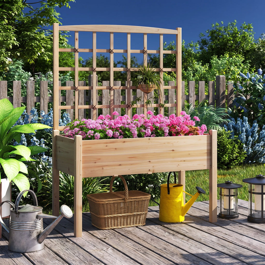 Airfind Raised Garden Bed with Lattice Trellis and Drainage Holes Elevated, 176 lbs Capacity, Fir Wood Frame, Natural