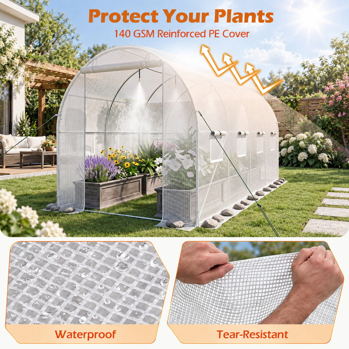 Airfind 15 x 7 x 7 ft Walk-in Tunnel Greenhouse with Watering System, Galvanized Steel Frame, 15 x 7 x 7 ft Footprint, White