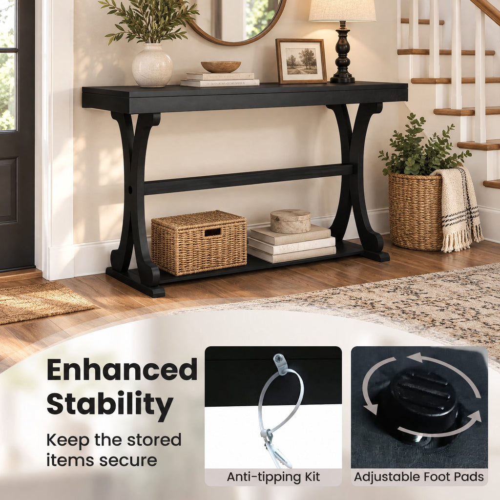 AIRFIND Console Table with Open Storage Shelf, 52 in Vintage Entryway Table with Curved Solid Wood Legs and Adjustable Feet, Black