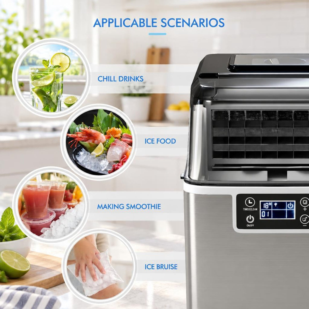 Airfind Electric Countertop Ice Maker with Ice Scoop and Basket, Stainless steel PP Frame, 10 x 14 x 15 Footprint, Silver