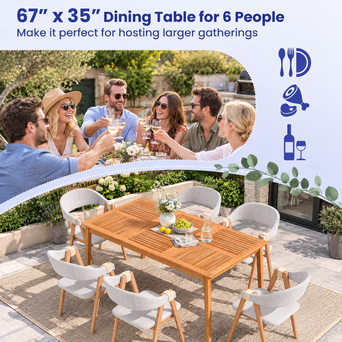 AIRFIND Patio Dining Table for Six with Acacia Wood Slatted Top, Umbrella Hole and Reinforced Frame, 67 x 35 x 30 in, Natural