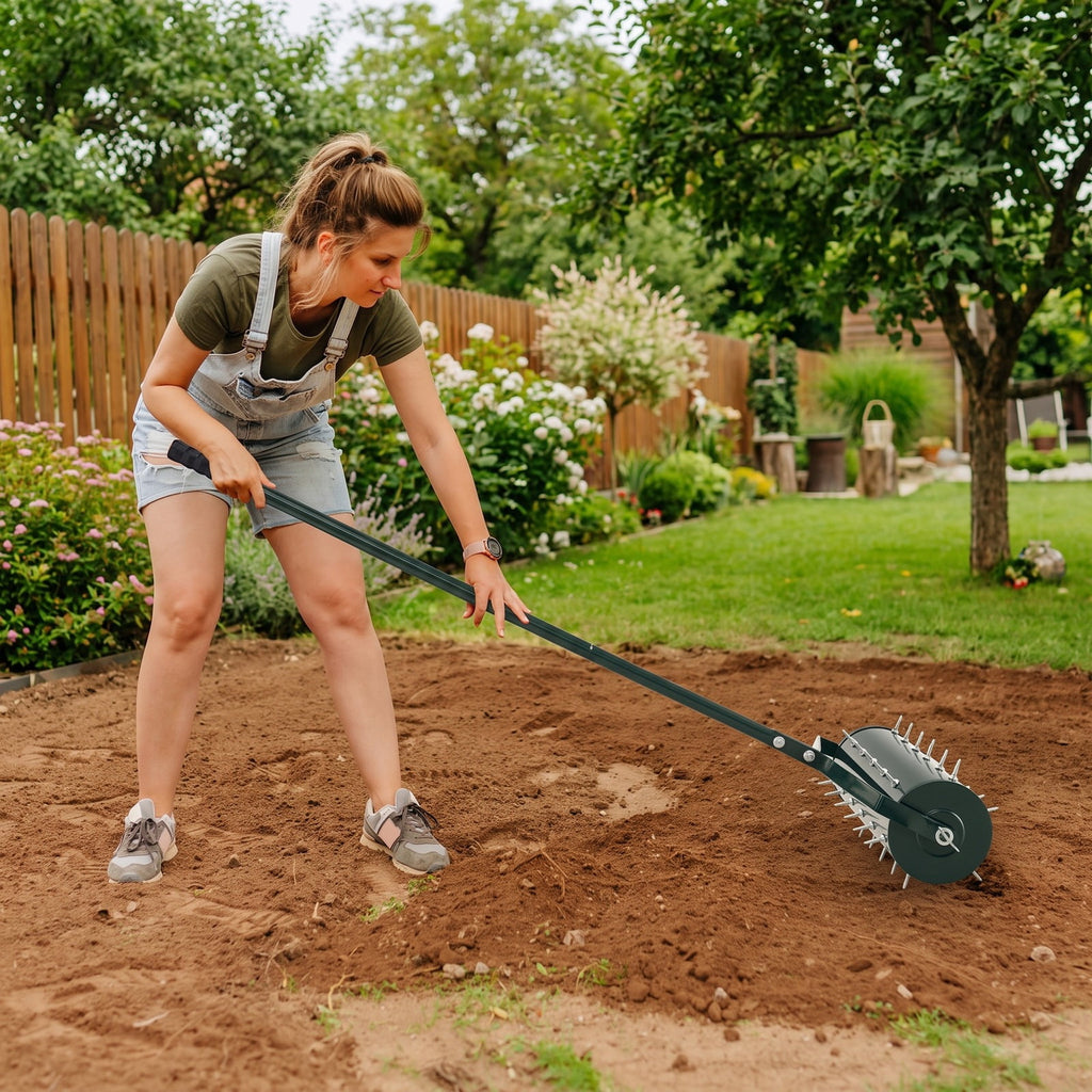 Airfind 18/21 Inch Manual Lawn Aerator with Detachable Handle Filled with Sand or Stone-21 inches, Galvanized Steel Metal PP Frame, Green