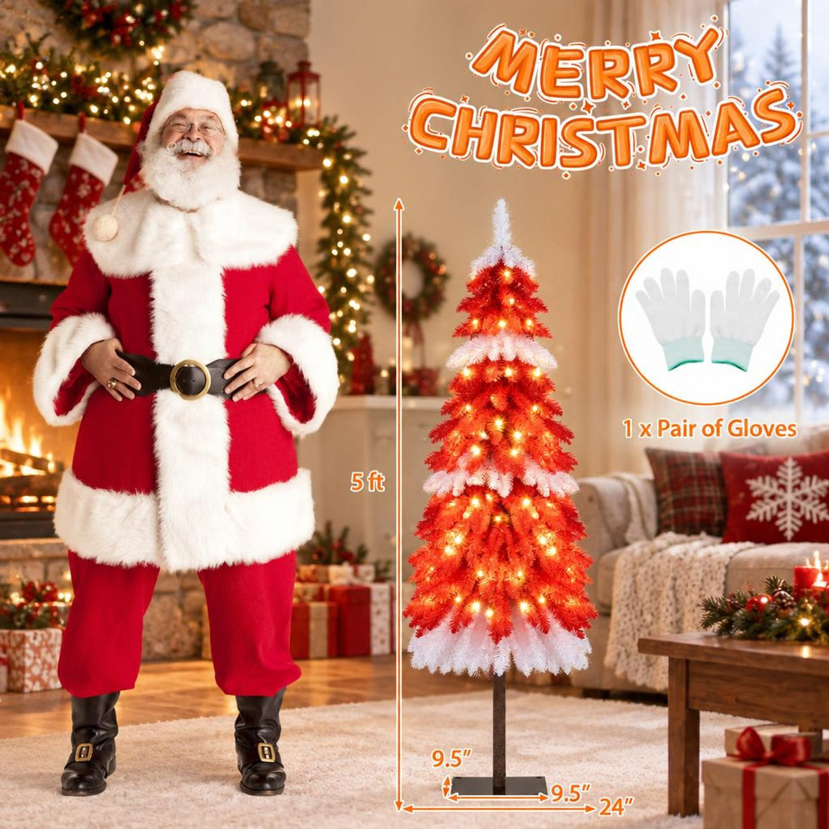 Airfind 5 FT Artificial Christmas Tree Pre-lit Xmas Trees with 301 Red and White Branch Tips, PVC Metal Tree Height 5 ft Tree Width 24in Base Frame