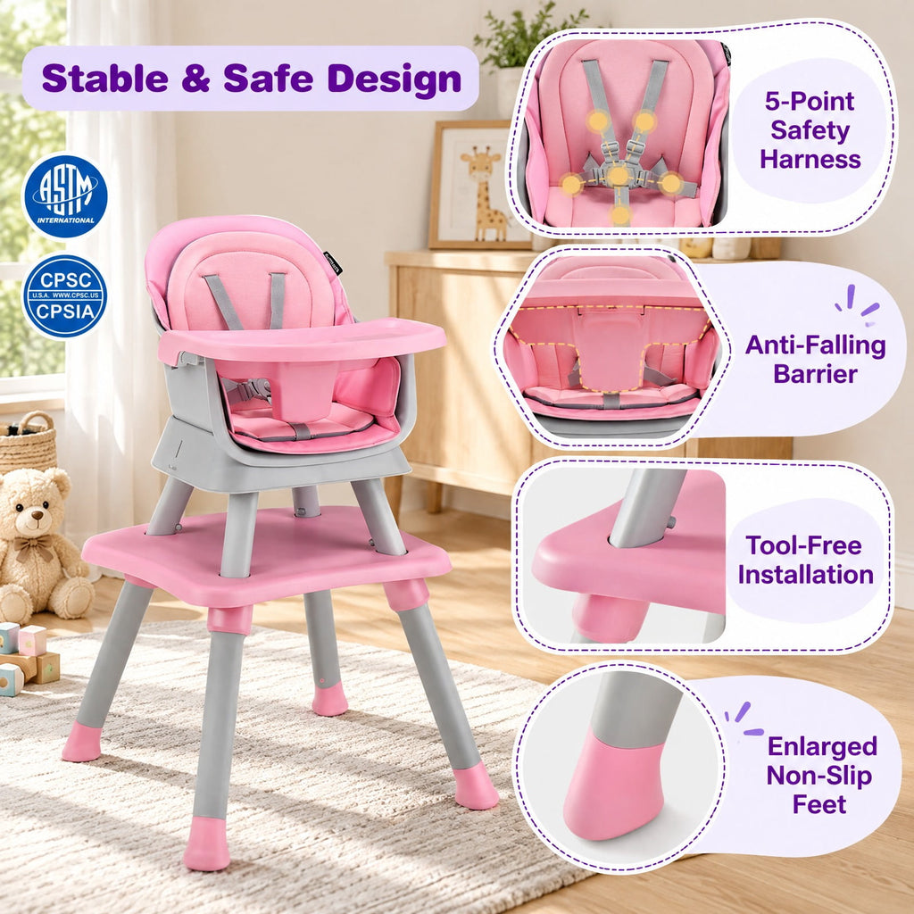 Airfind 6-in-1 Convertible Youth High Chair featuring Adjustable Removable Tray, 55 lbs Capacity, PP PU Fabric Frame, for 6-36 Months, Pink