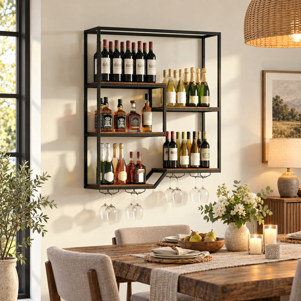 Airfind Wall Mounted Wine Rack 6-Tier Hanging Bar Shelf with Bottle Display Shelf and Glass Holder, Shelf 33 lbs Total Capacity, Brown