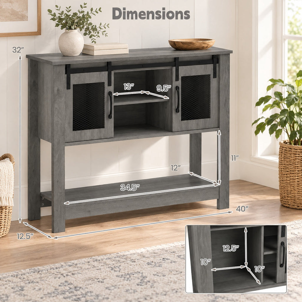 Airfind Console Table with Sliding Barn Doors and Storage Cabinets, 150 lbs Capacity, Engineered Wood Metal Frame, 40 x 12.5 x 32 Footprint, Gray