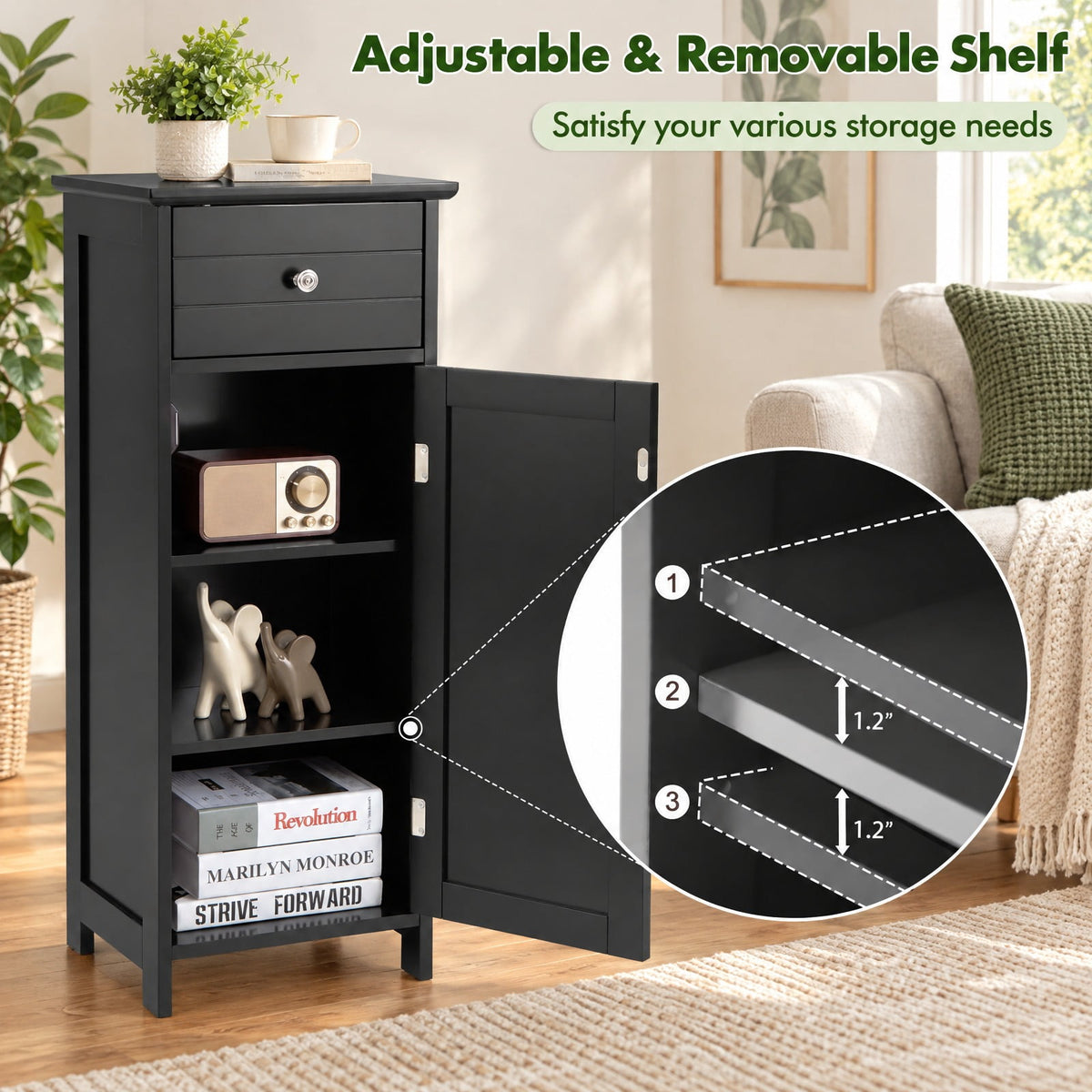 Airfind Wooden Bathroom Floor Storage Cabinet with Drawer and Shelf, 22 lbs Capacity, MDF Frame, 14 Inch x 12 Inch x 34.5 Inch Footprint, Black
