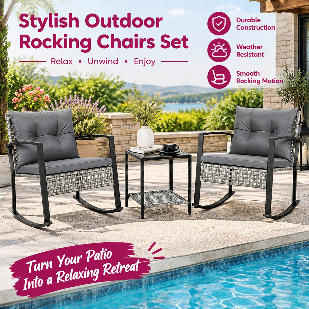Airfind 3-Piece Outdoor Rocking Chair Set for Garden, 100 lbs Capacity, 28.5 x 22.5 x 31 Footprint, Gray