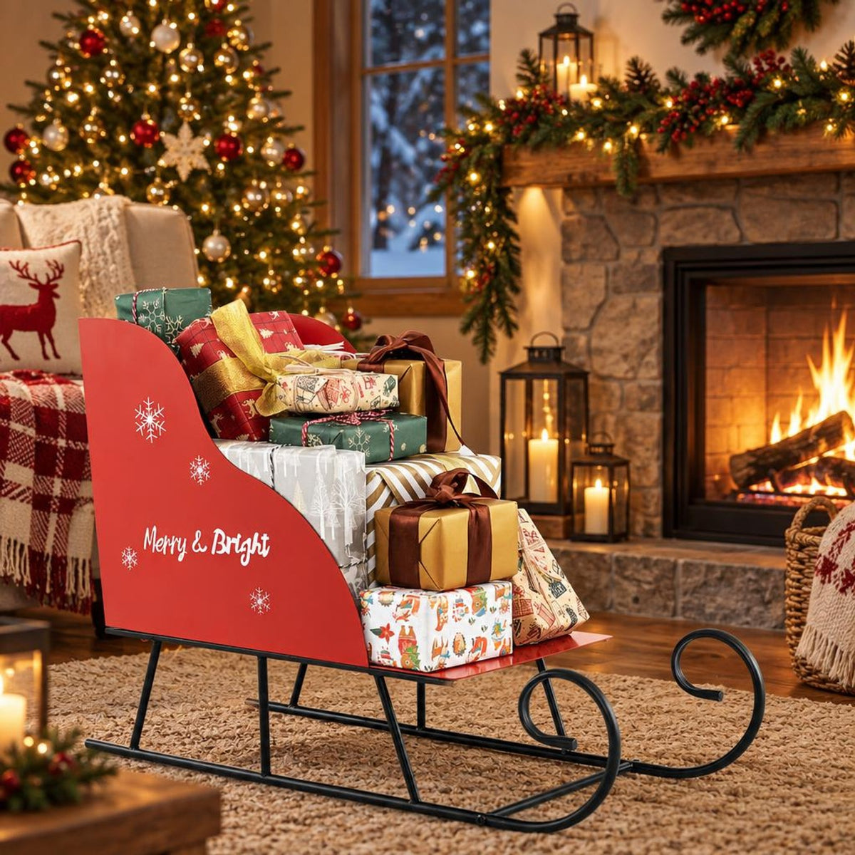 Airfind Metal Christmas Santa Sleigh Basket Xmas Santas Gift Storage Sleigh, 33 lbs Capacity, Metal Frame, 29in x 12.5in x 20in Footprint, Red and Black