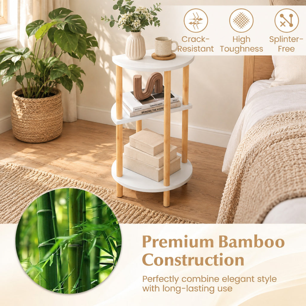 Airfind Set of 2 Round Side Table Compact with 3-Tier Shelves and Bamboo Construction, 11 lbs Capacity, Bamboo Frame, White