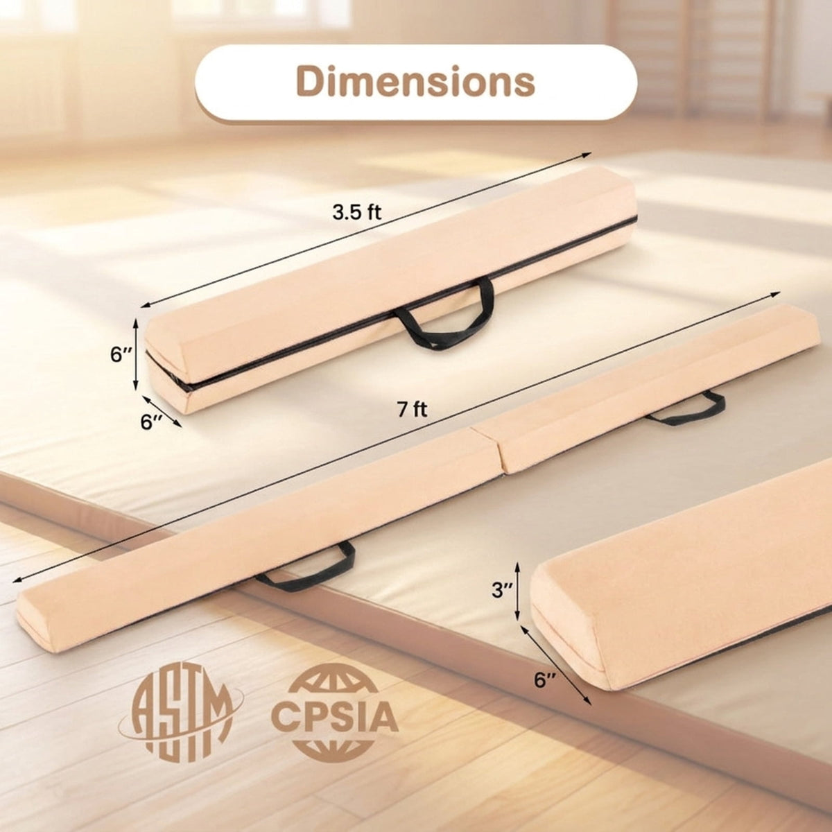 Airfind 7 ft Folding Wide-Top Balance Beam with EVA Foam, Zippered Suede Cover and Hook-Loop Linking, Khaki