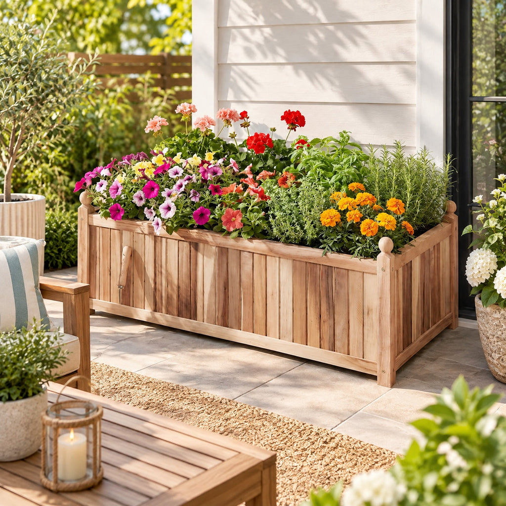 Airfind Wooden Raised Garden Bed Natural Acacia Wood Rectangular Planter Box with Liner, 110 lbs Capacity, Acacia Wood Frame, Natural