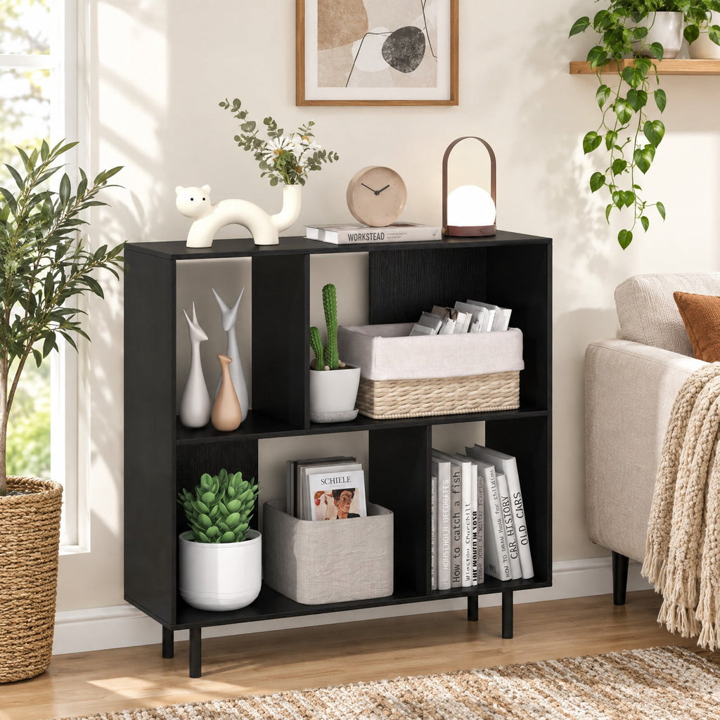 Airfind Open Shelf Bookcase with 4 Compartments, Black, 4-cube bookcase provides ample storage space, Assembly is required before use