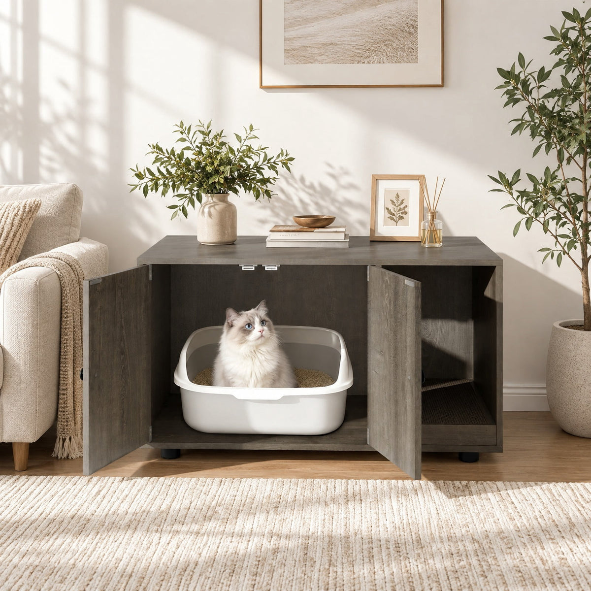Airfind Wooden Cat Litter Box Enclosure Hidden Litter Box Furniture with Scratching Board, Engineered Board MDF Frame, Oak