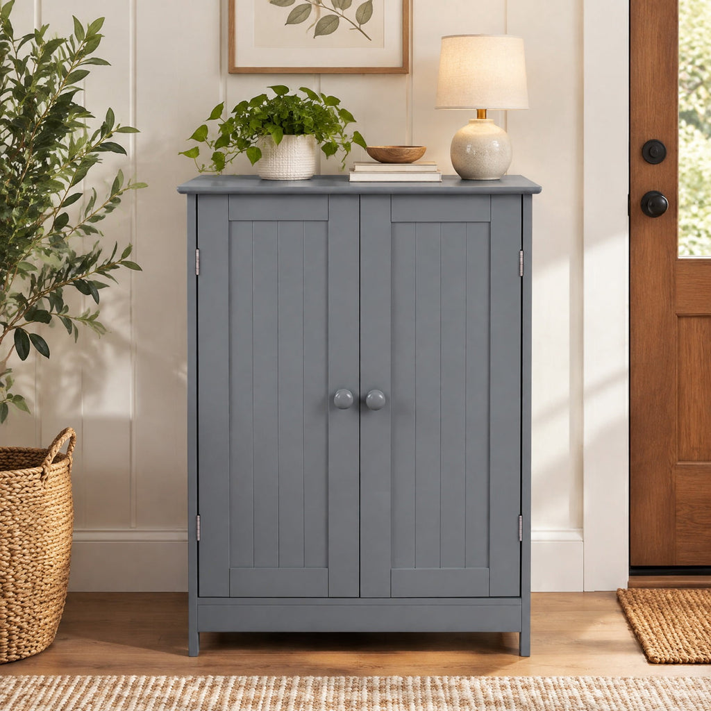 Airfind Bathroom Floor Storage Double Door Cupboard Cabinet, 22 lbs Capacity, MDF Frame, 24in x 14in x 34.5in Footprint, Gray
