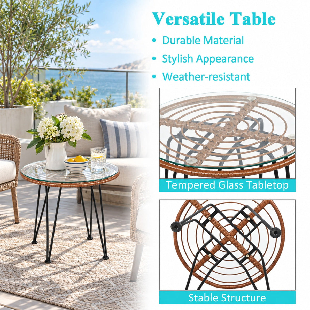 Airfind 3 Pieces Patio Rattan Bistro Set with Cushion, 170 lbs Capacity, Steel Rattan Sponge Polyester Frame, 22.5 Inch x 24 Inch x 31.5 Inch Footprint