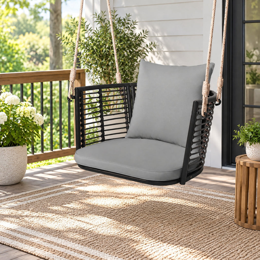 Airfind Single Person Hanging Seat with Woven Rattan Backrest for Backyard, 400 lbs Capacity, 30.5 x 24.5 x 15 Suitable Hanging Footprint, Gray