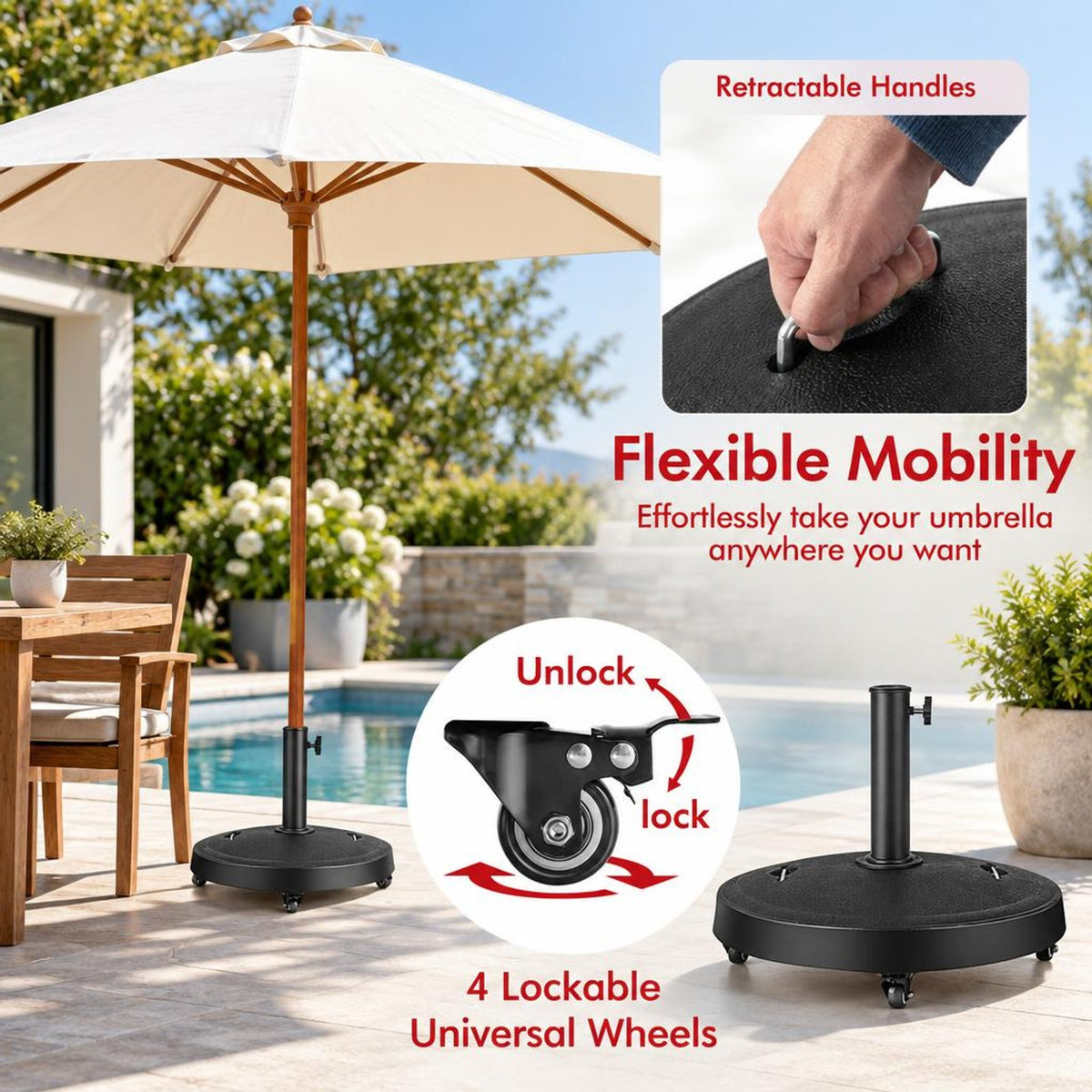 Airfind 51LBS 20.5Inch Outdoor Umbrella Base with Wheels and Handles, 20.5 x 16.5 (Dia. x H)Suitable Umbrella Pole Footprint