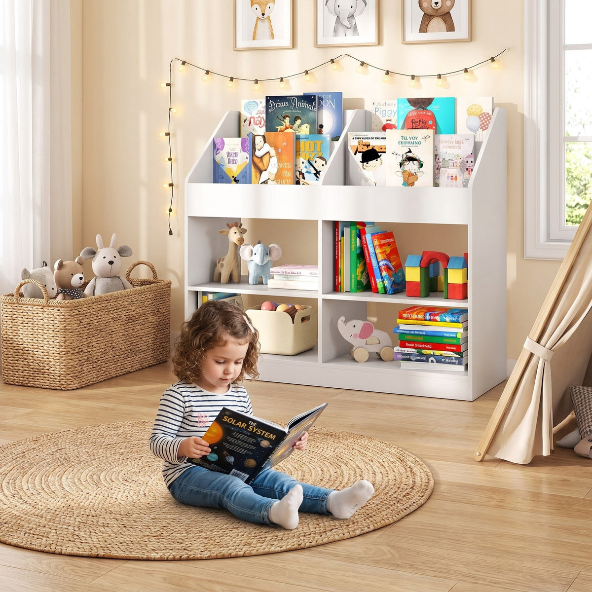 Airfind 3-Tier Kids Bookshelf Toy Storage Organizer with Display Rack and 4 Compartments, 11 lbs Capacity, Engineered Wood Frame, White