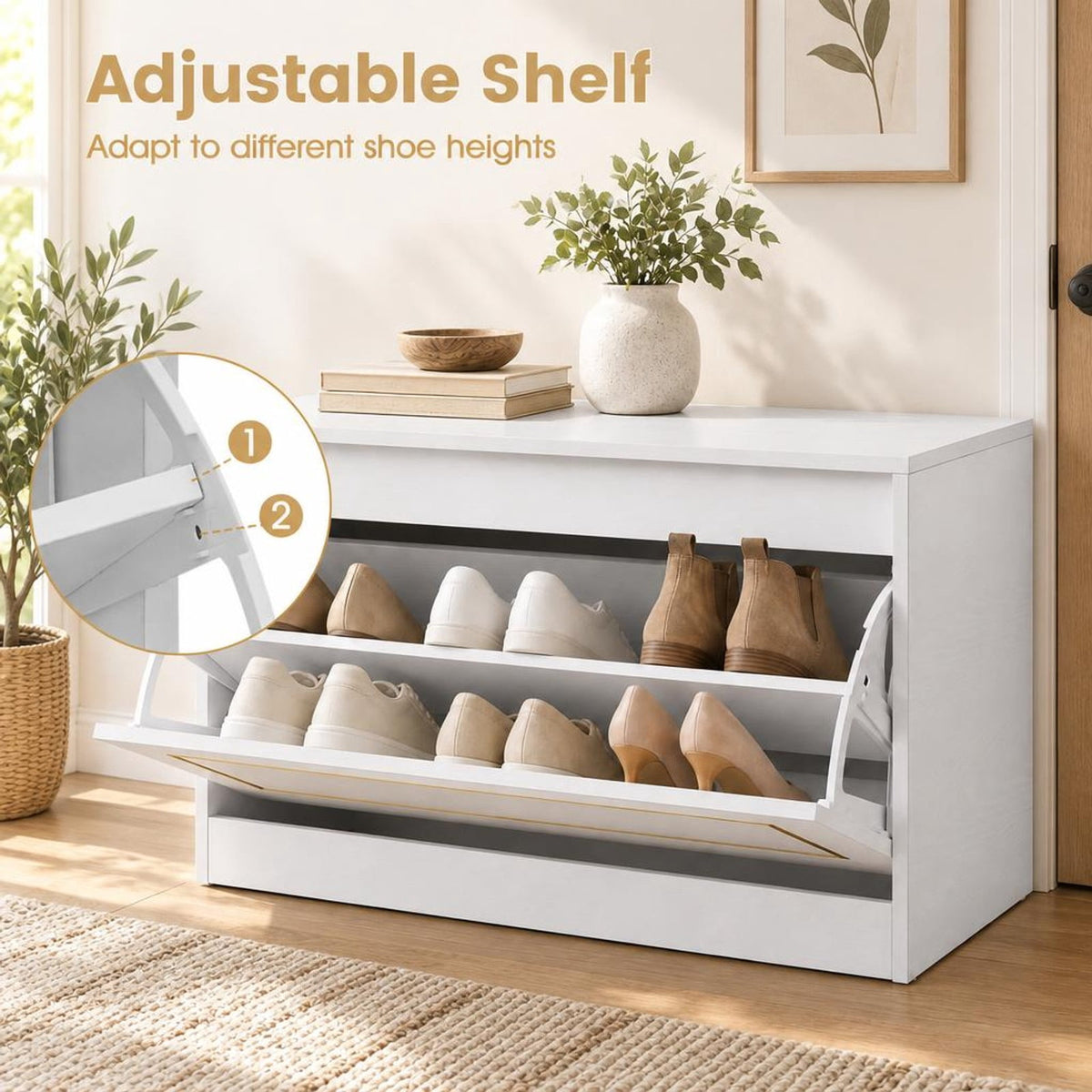 Airfind Narrow Shoe Cabinet with 1 Flip Drawer and Adjustable Shelf for Hallway, 132 lbs Capacity, PB Engineered Wood Frame, White