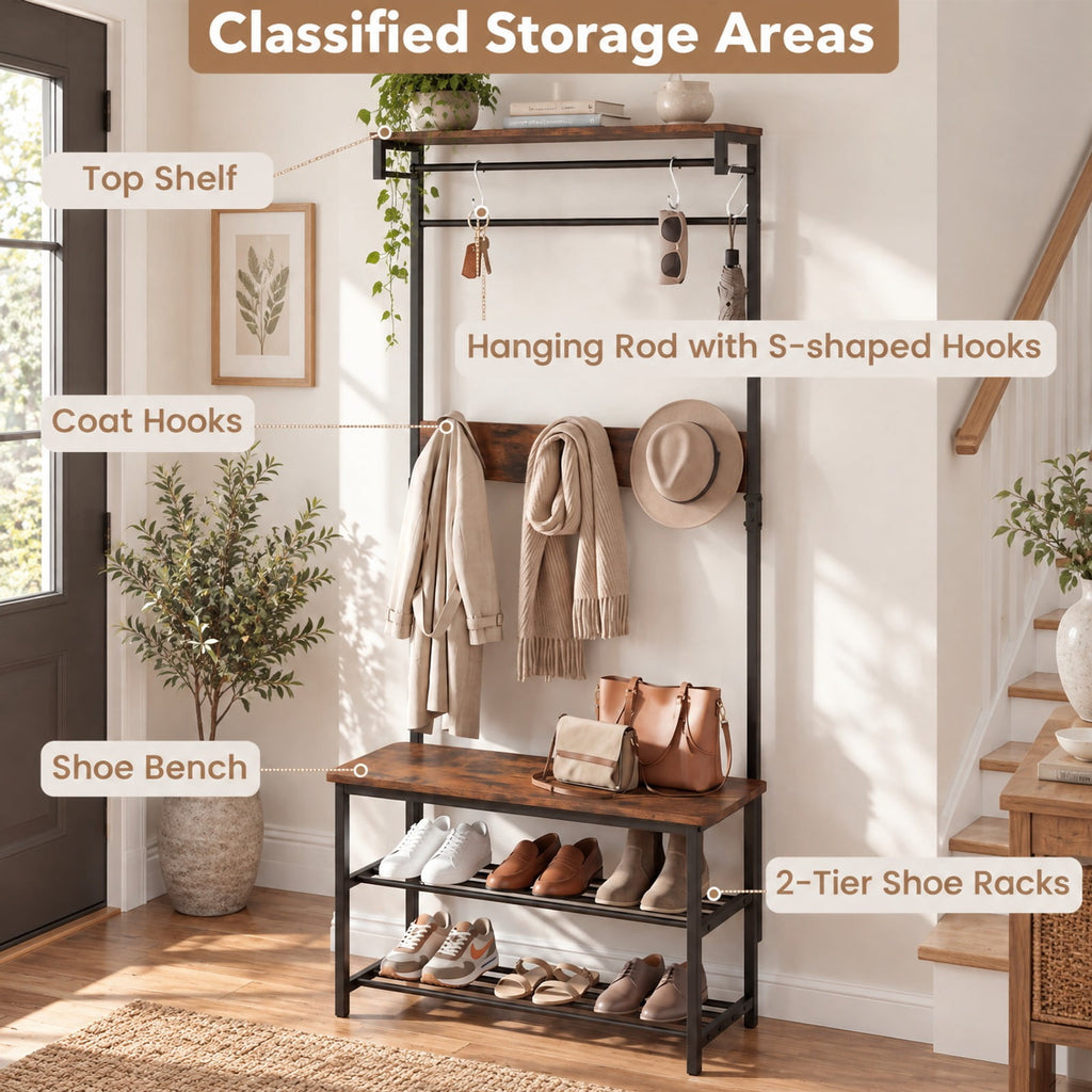 Airfind Coat Rack 4-In-1 Hall Tree with Shoe Bench and Removable Hooks, 220 lbs Capacity, Metal Engineered Wood Frame, Coffee