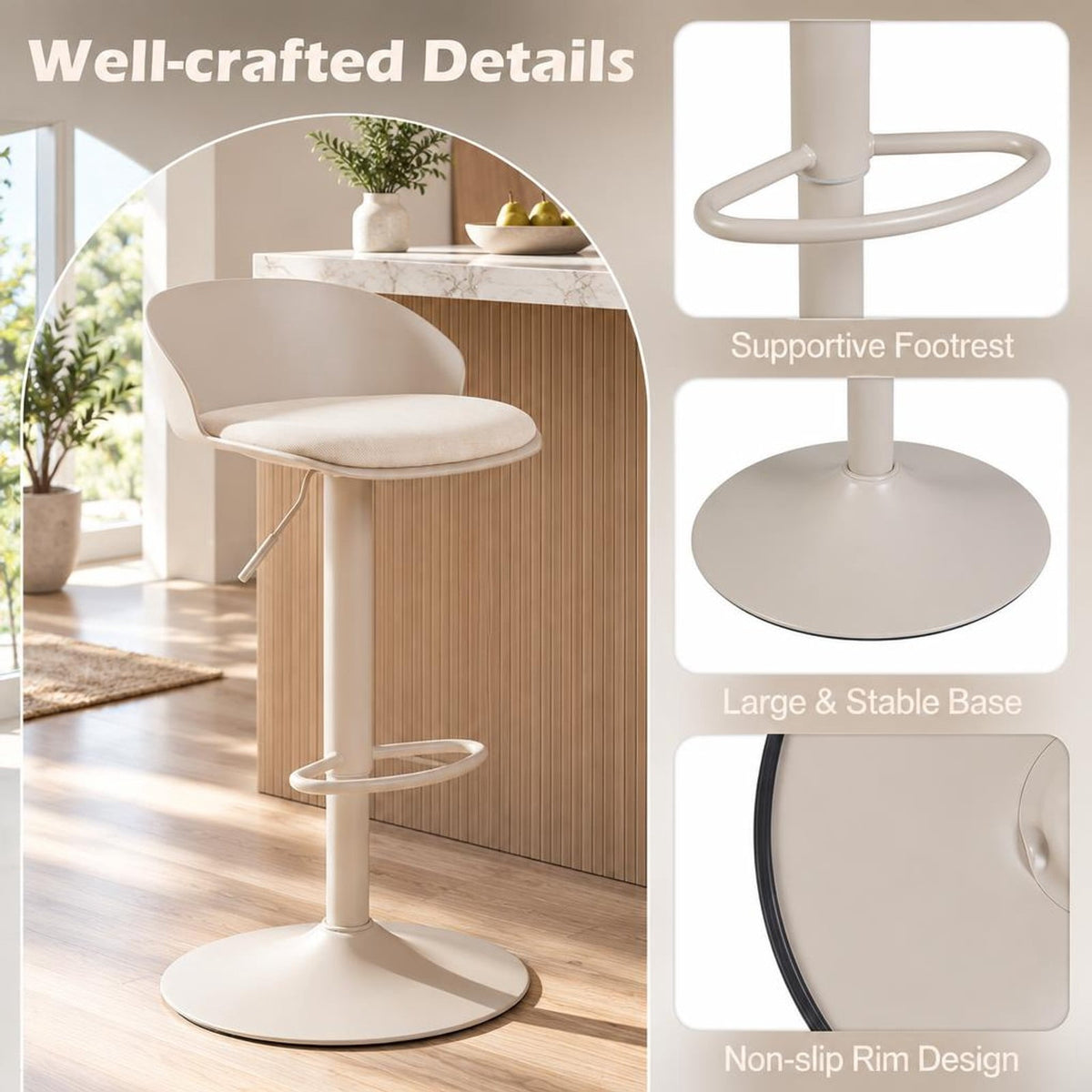 Airfind Set of 2 Adjustable Swivel Bar Stools w/ Back and Footrest 330 LBS for Dining, Stool 330 lbs Capacity, Metal Sponge PP Linen Fabric Frame