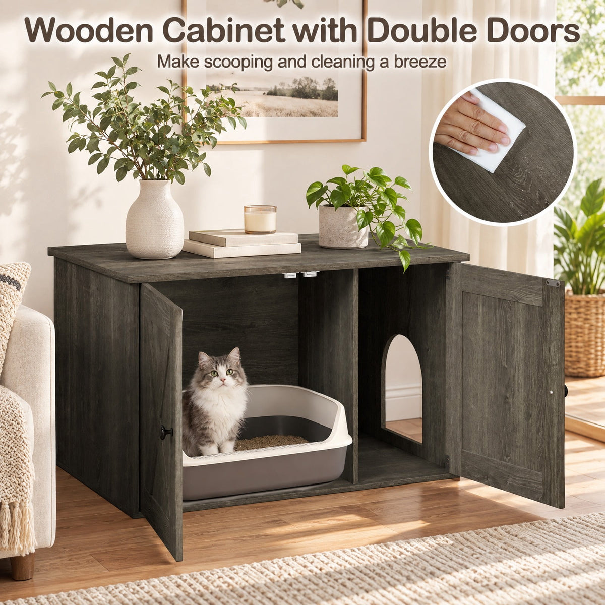Airfind Hidden Cat Litter Box Enclosure Furniture with Divider, Oak, Large tabletop for plants decorations or storage, Oak/White, for Easy Setup
