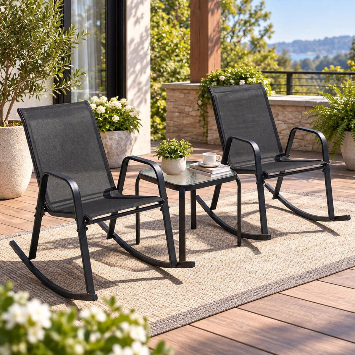 Airfind Set of 2 Metal Patio Rocking Chair with Breathable Seat Fabric, 330 lbs Capacity, Fabric Metal Frame, Black