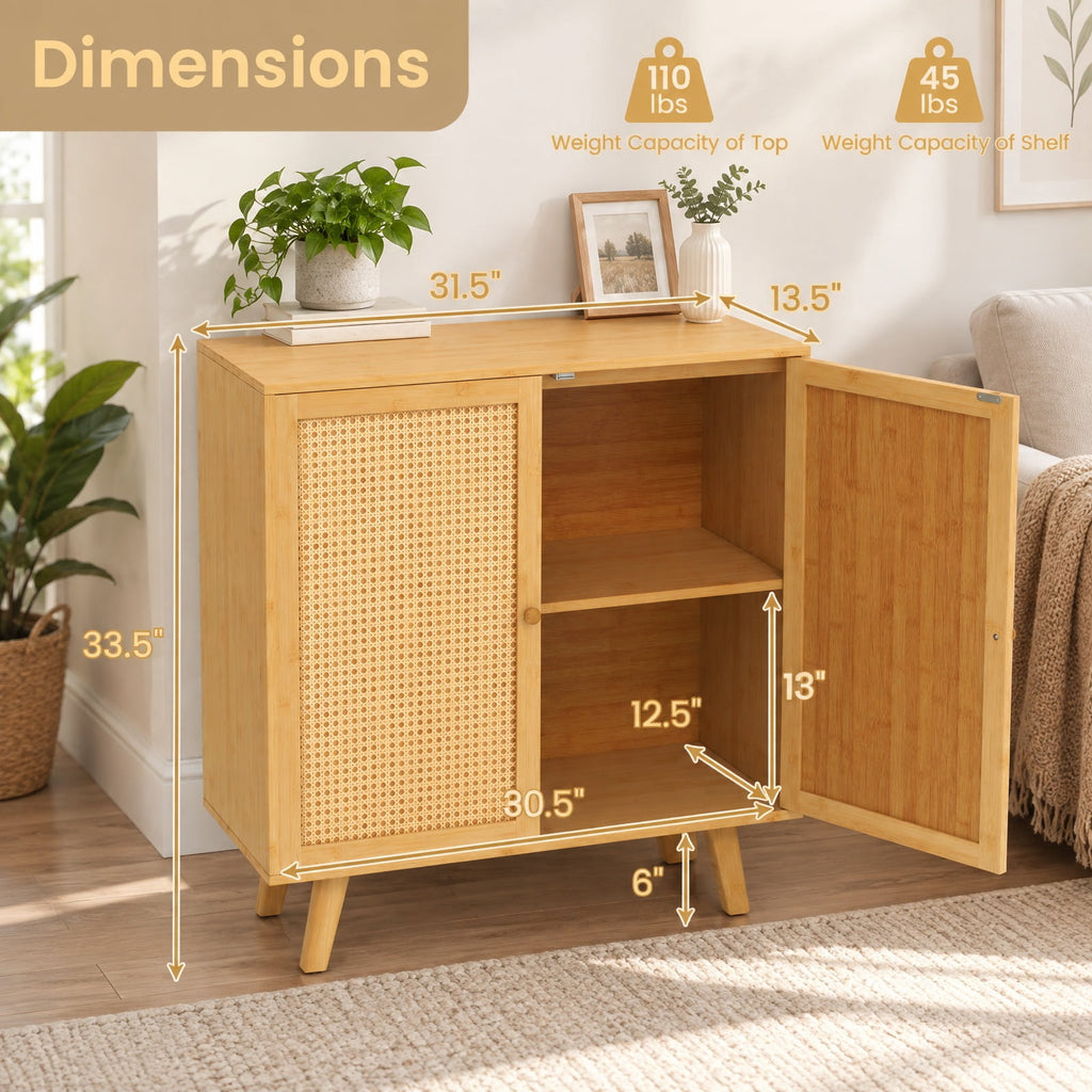 Airfind Bamboo Buffet Storage Cabinet with PE Rattan Doors and Freestanding Kitchen Cupboard, 110 lbs Capacity, Bamboo PE Rattan Frame, Natural
