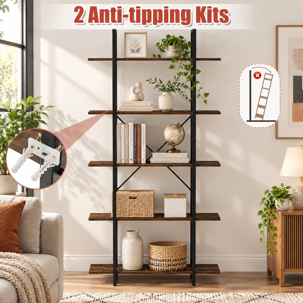 Airfind 5-Tier 62 Inch Tall Vintage Industrial Bookcase with Open Storage Shelves, 220 lbs Capacity, Engineered Wood Metal Frame, Brown