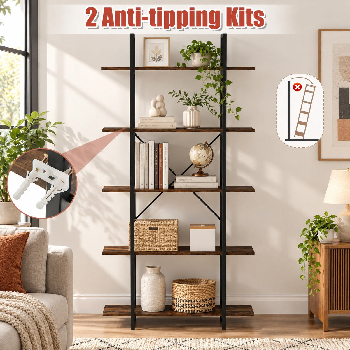 Airfind 5-Tier 62 Inch Tall Vintage Industrial Bookcase with Open Storage Shelves, 220 lbs Capacity, Engineered Wood Metal Frame, Brown
