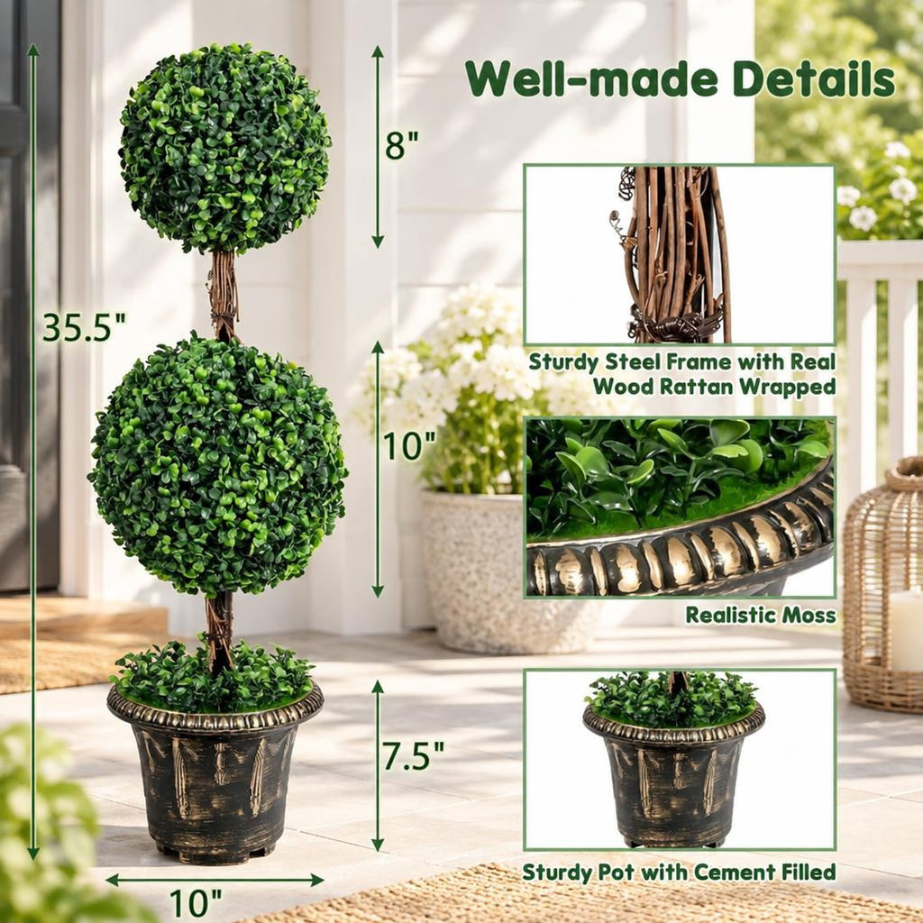 Airfind 36 Inch Artificial Double Ball Tree Indoor and Outdoor UV Protection, PE wood rattan iron tube cement Frame, Green
