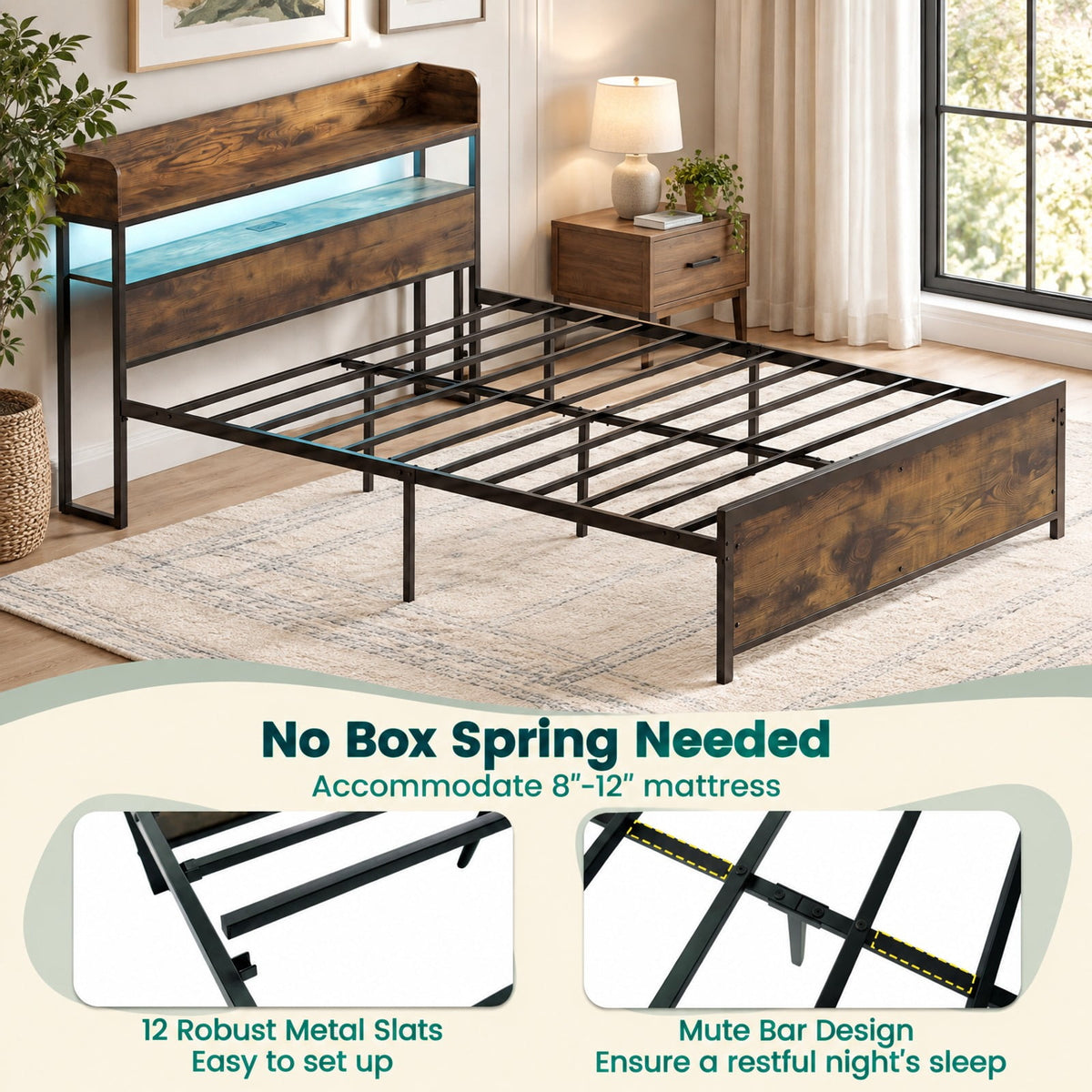 Airfind LED Bed Frame with Power Outlets and Storage Headboard, 1000 lbs Capacity, Engineered Wood Metal MDF Frame