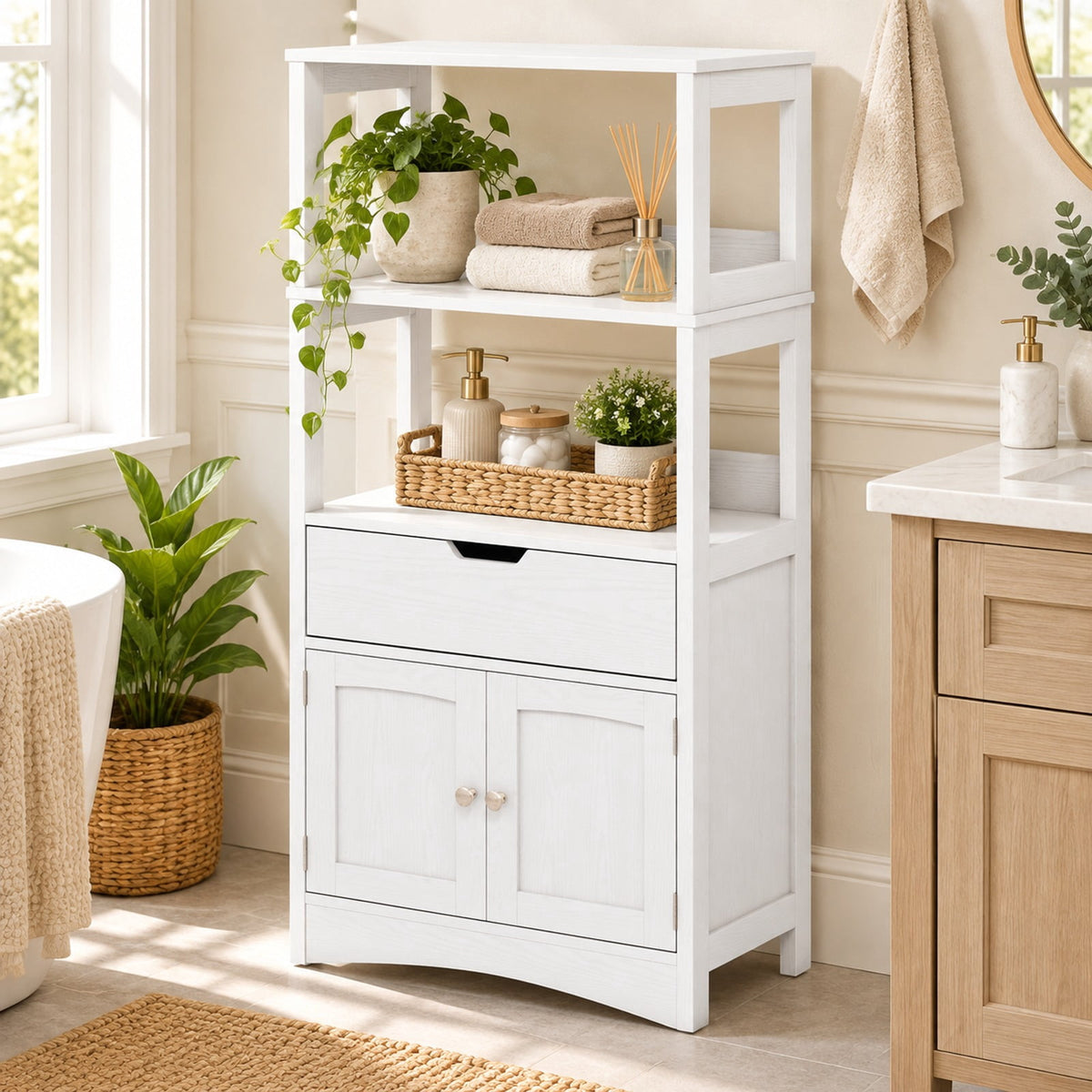 Airfind Bathroom Storage Cabinet with Open Shelves and Drawer, 110 lbs Capacity, Engineered Wood Frame, 24in x 13in x 48in Footprint, White