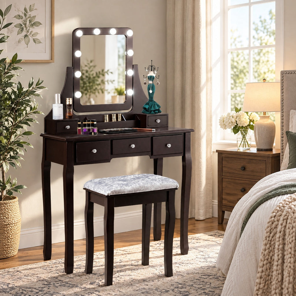 Airfind Vanity Dressing Table featuring 10 Dimmable Bulbs and Cushioned Stool, 220 lbs Capacity, MDF Pine Frame, 31.5 Inch x 16 Inch x 53 Inch Footprint, Brown