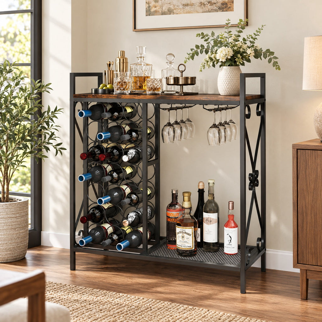 Airfind 21 Bottle Wine Rack Freestanding Floor Wine Bottle Organizer with Glass Holder, 44 lbs Capacity, Metal Engineered Wood Frame, Brown