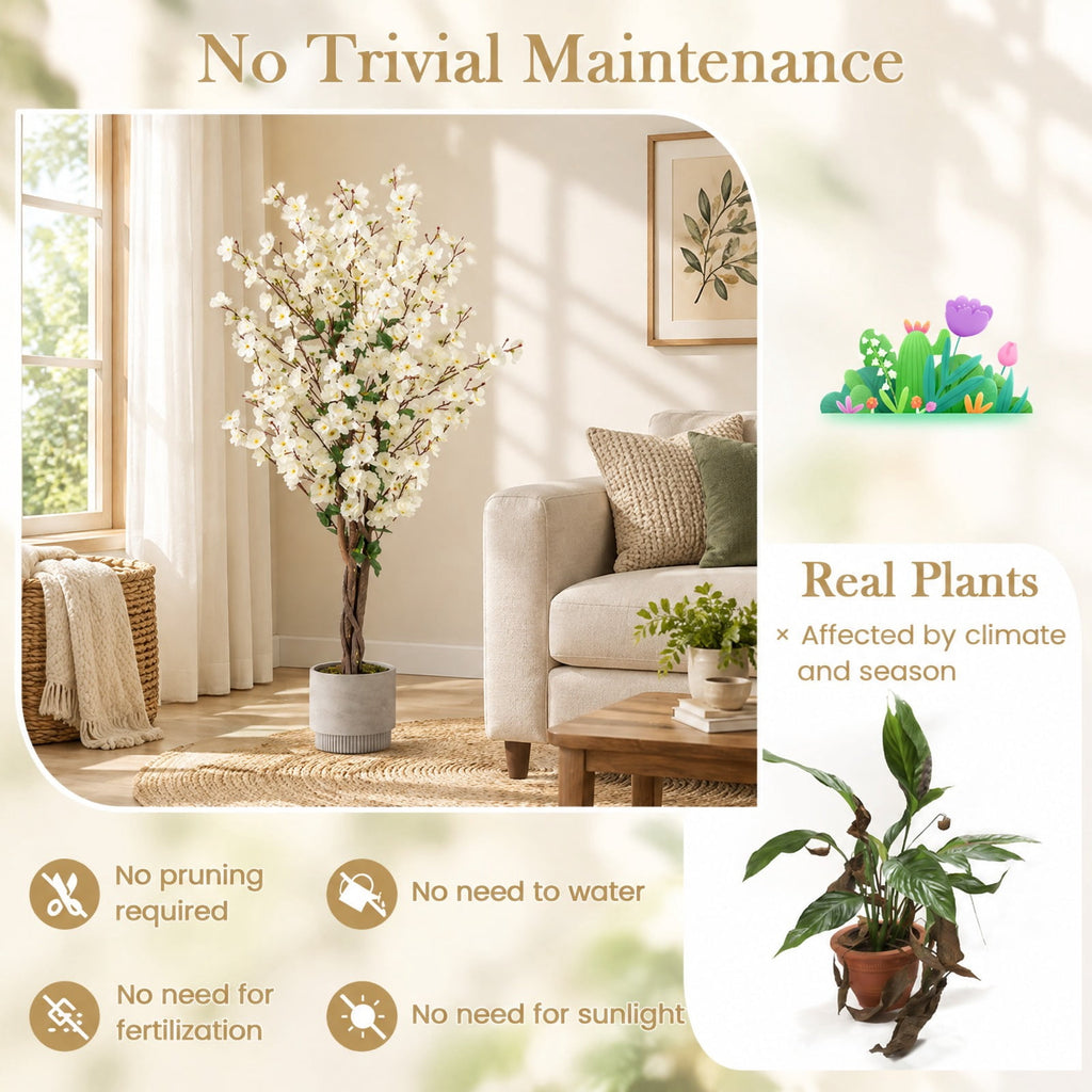 AIRFIND Artificial Plum Blossom Tree 47 in with White Fabric Flowers, Wood Trunk and Cement-Filled Pot for Home and Office Decor
